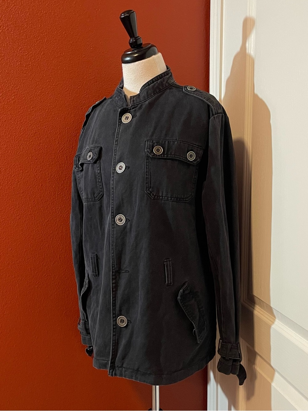 Tripp NYC Men’s Vintage Faded Black Wash Button Up Goth Military Y2K Jacket